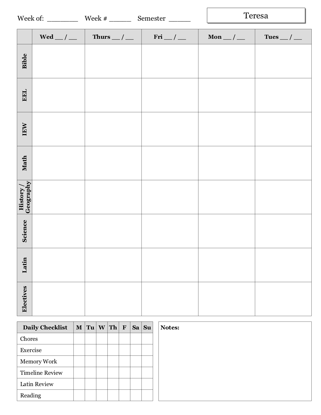 Weekly Schedule Sheet Examples : A Plan in Place