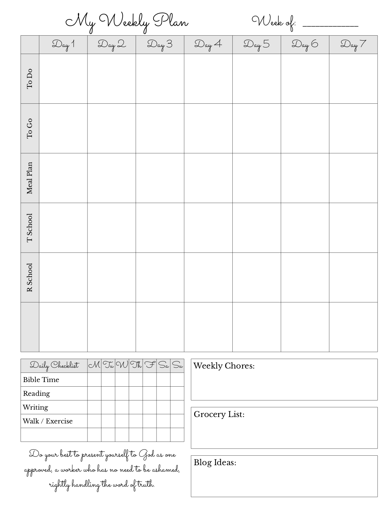 Weekly Schedule Sheet Examples : A Plan in Place