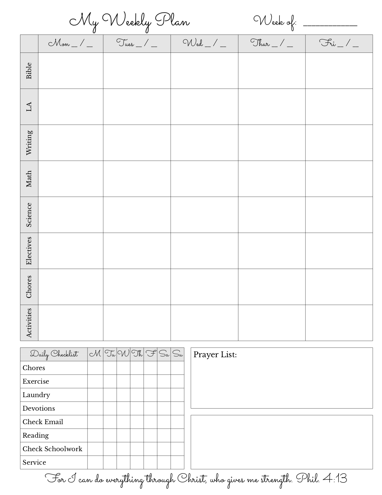 Weekly Schedule Sheet Examples | A Plan in Place