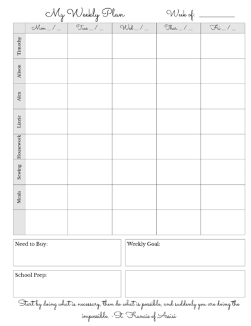 Weekly Schedule Sheet Examples | A Plan in Place